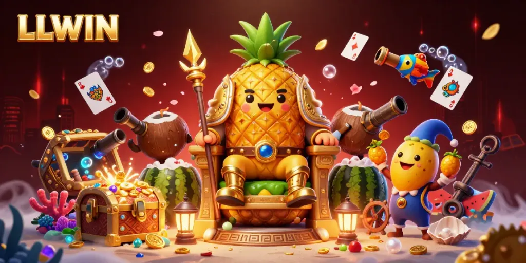 Experience thrilling action with LLWIN as the golden pineapple king commands a vibrant casino scene.