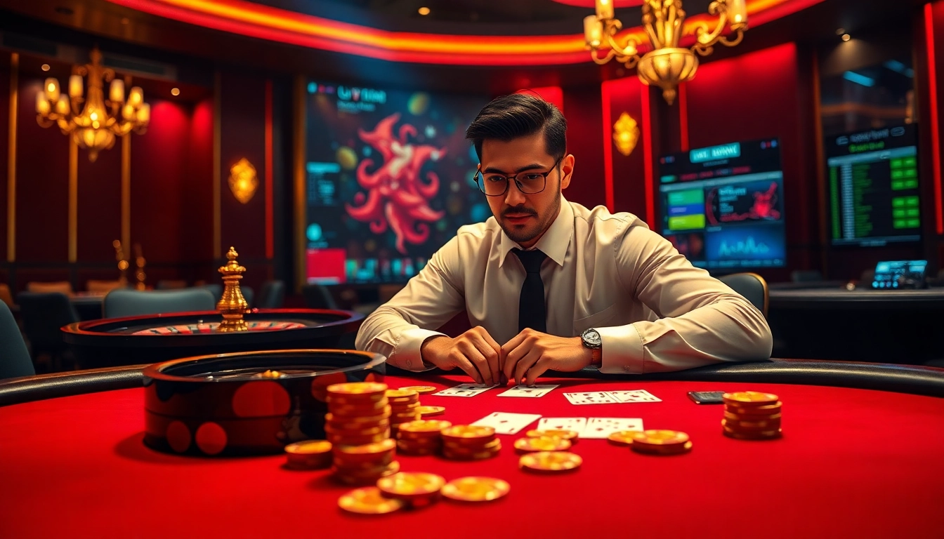 Gambling professional engaging at a poker table in a luxury casino, emphasizing lô đề uy tín.