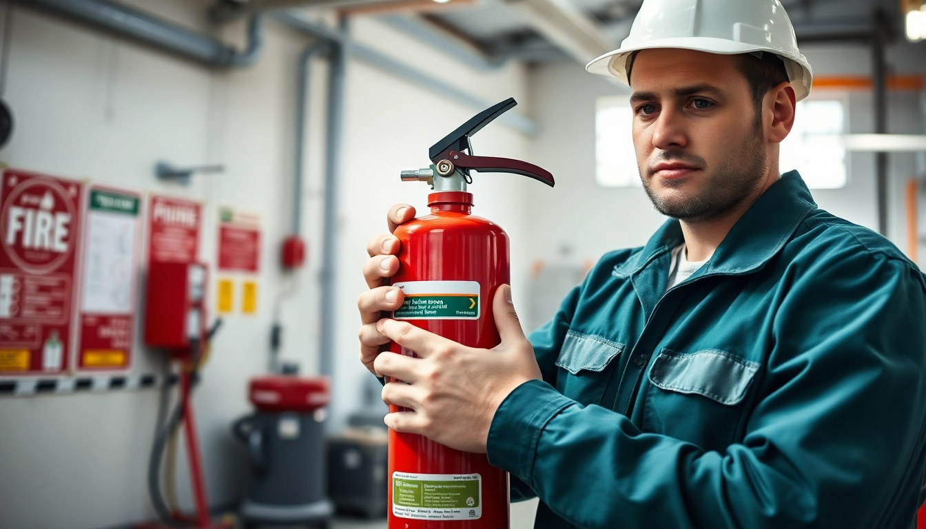 Inspecting a pass fire extinguisher during a maintenance check in a safety-conscious environment.