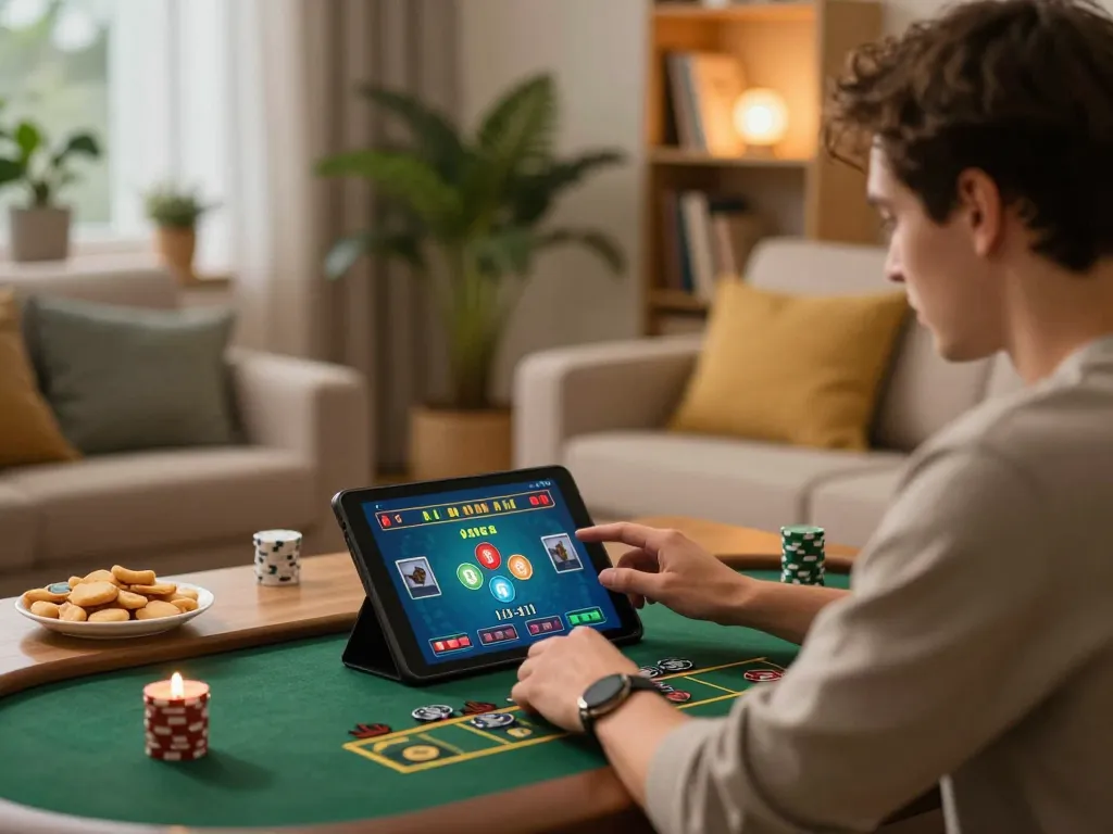 Player enjoying live dealer games through fun88 app in relaxed home setting
