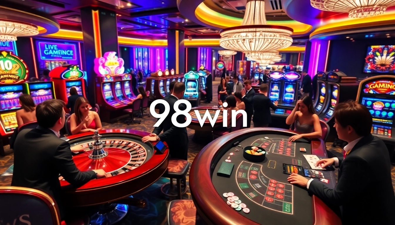 Experience the excitement of 98win at a vibrant casino with players enjoying roulette and blackjack.