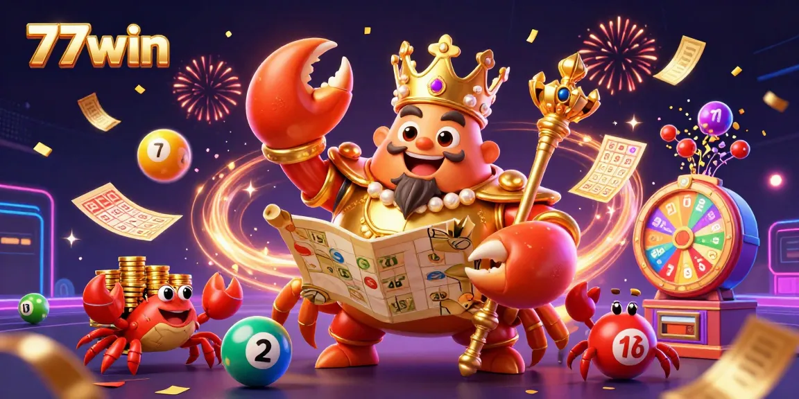 Engage with 77win by winning with colorful lottery balls and a golden crab emperor in a vibrant casino scene.