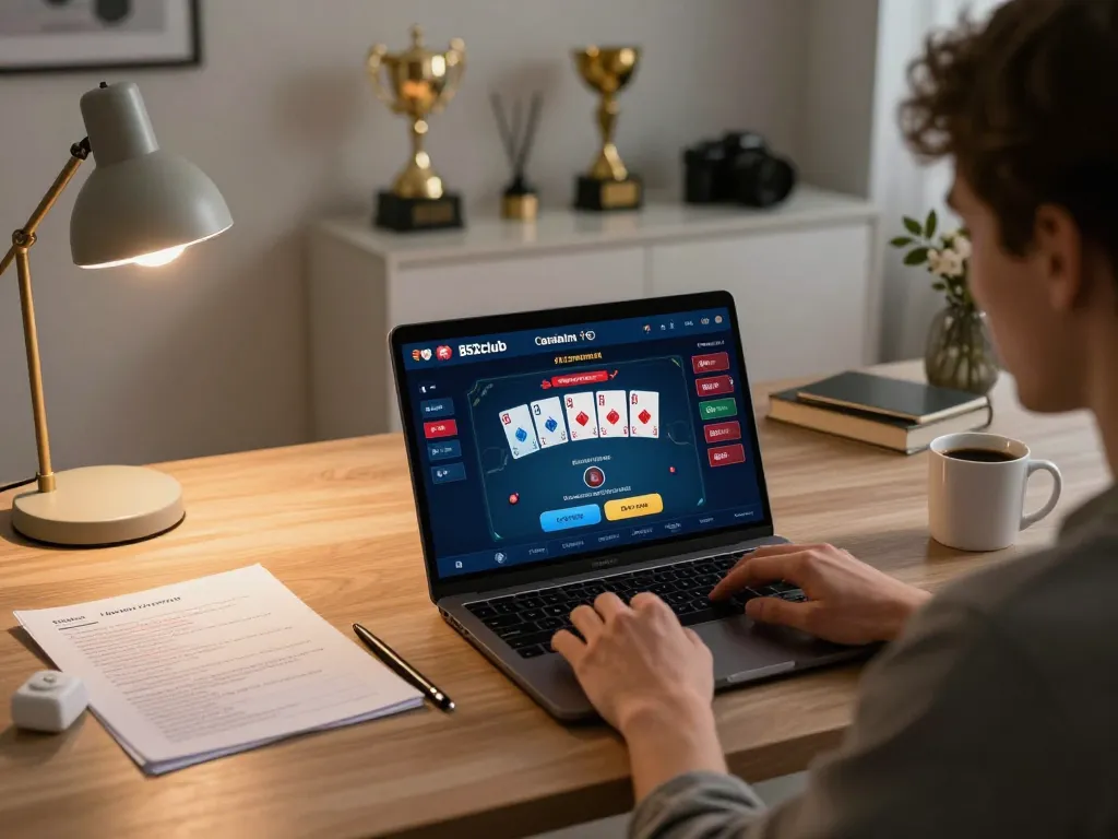 Engaging user playing poker on the B52club app in a cozy home office setting.