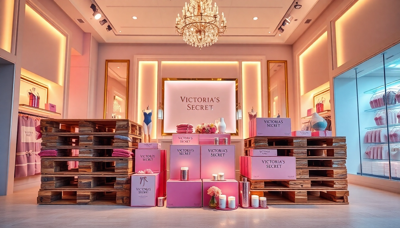Showcase of Victoria’s Secret Pallets in an elegant boutique setting with warm lighting.