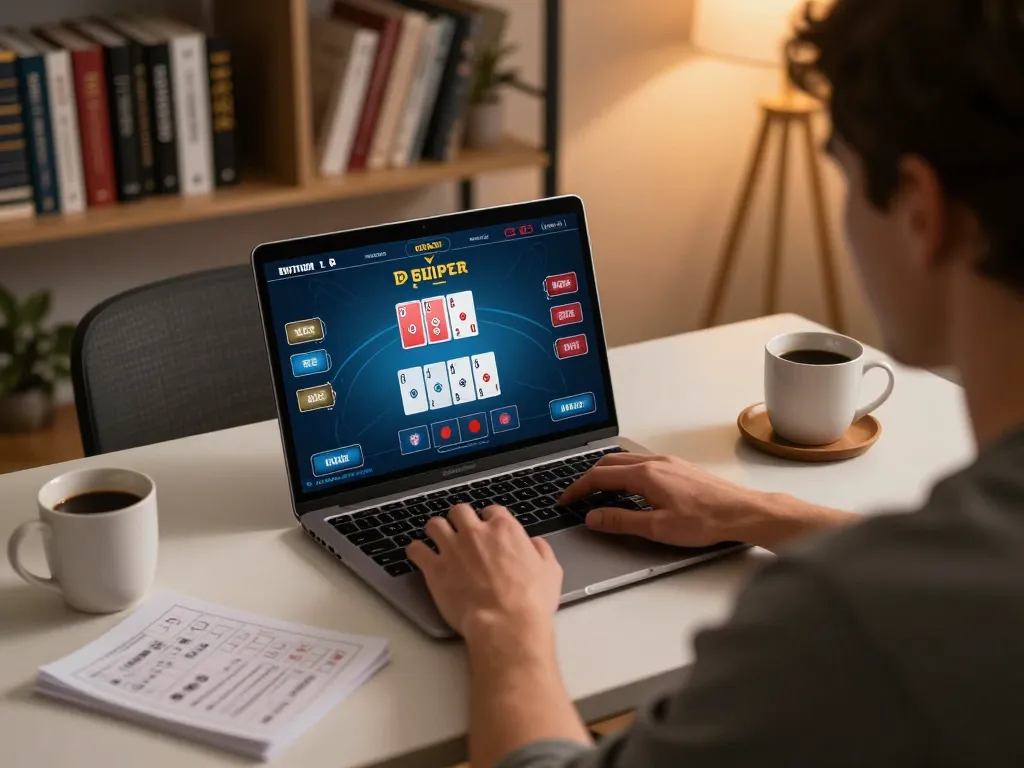Engaged player using laptop for online poker at 789betviet, showcasing strategic gameplay.