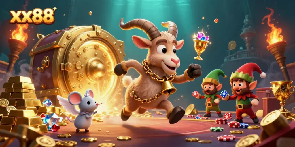 Experience the thrilling adventures at xx88 casino with cartoon characters amidst treasure and festive chaos.
