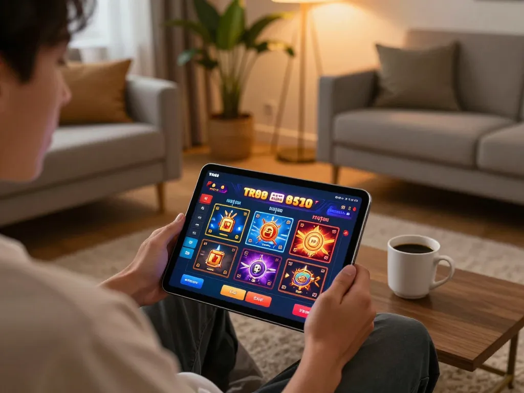 Engaged user navigating the TR88 online casino app on a tablet, showcasing a modern gaming environment.