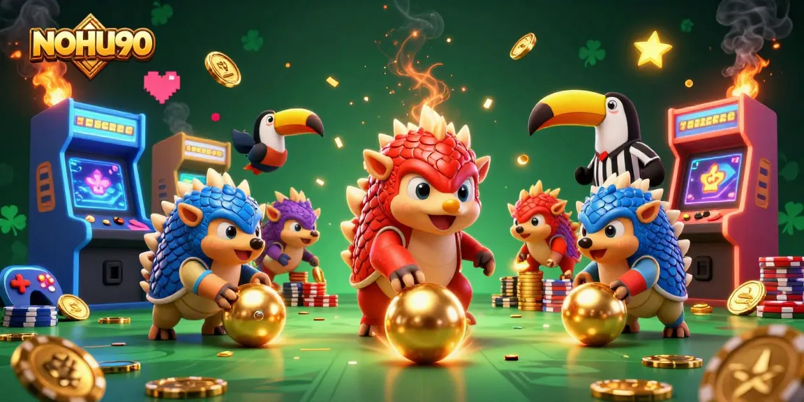 NOHU90 pangolins compete in a casino-themed arcade with vibrant game elements and poker chips.