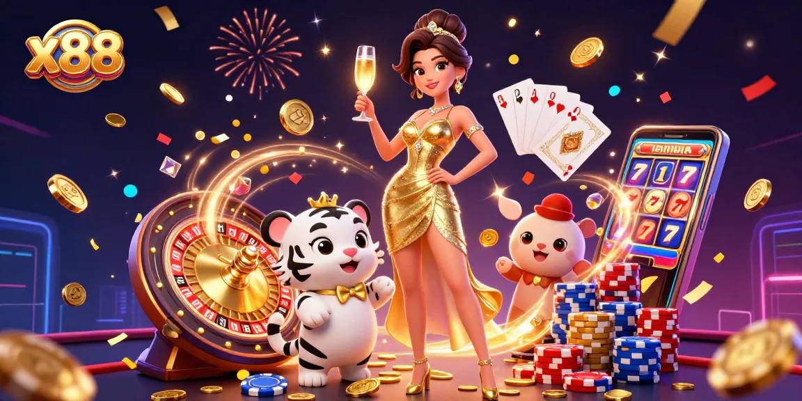 x88 reveals a glamorous woman and a lucky tiger cub celebrating with casino elements and excitement.