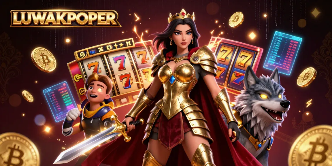 Engage with LUWAKPOKER's dynamic casino experience featuring slot reels and vibrant 3D characters.