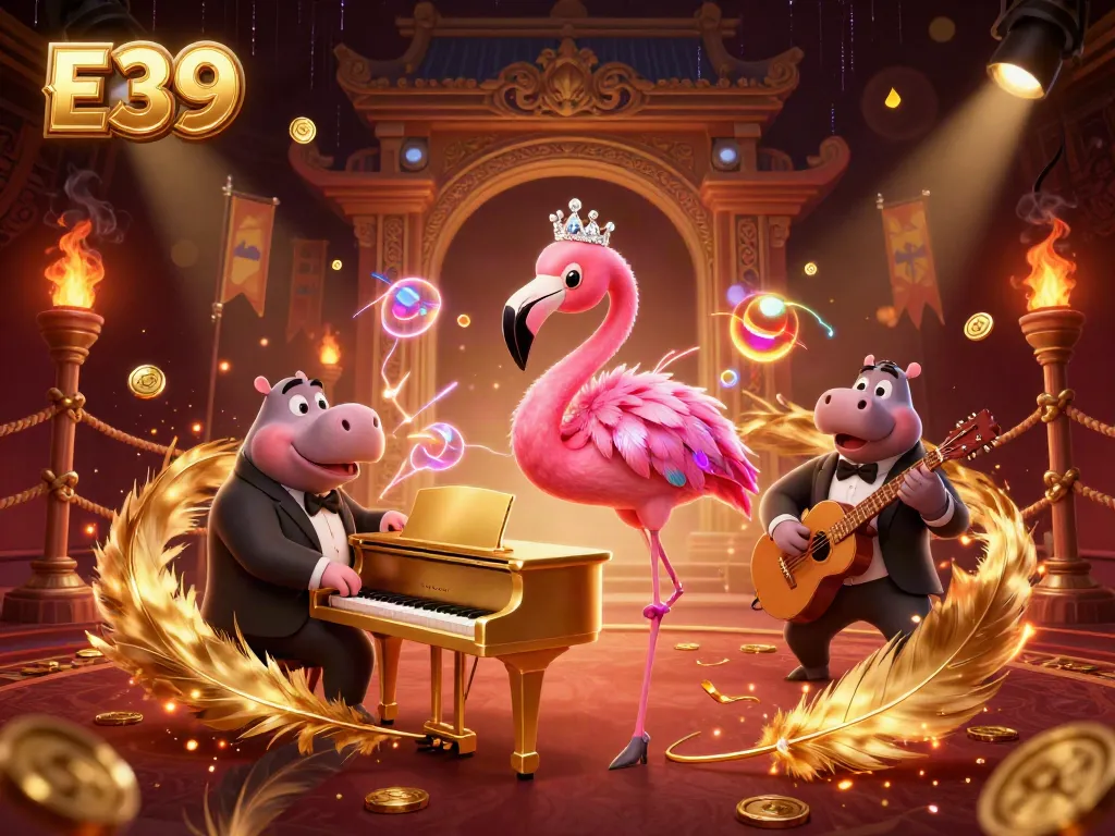 Join the lively E39 gaming experience with charismatic characters in a vibrant casino setting.
