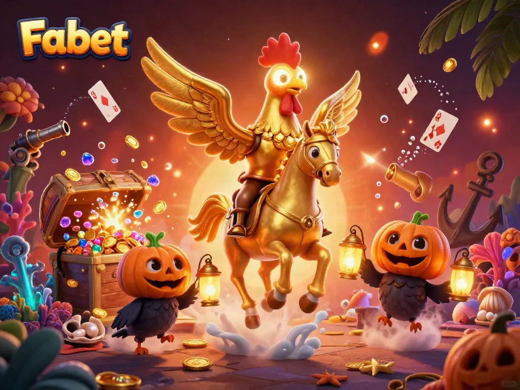 Engage with the exciting world of Fabet through a magical illustration of a golden rooster in a vibrant midnight casino.