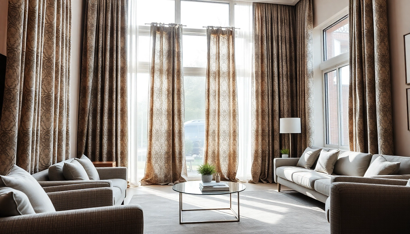 Stof voor gordijnen in een sfeervolle woonkamer met stijlvolle, elegant gedrapeerde gordijnen.