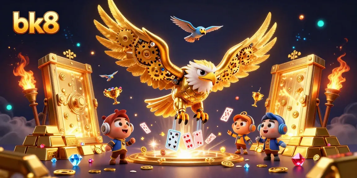 Experience thrilling wins at bk8 with a cybernetic eagle soaring through casino elements.