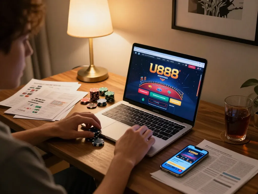 Engaging with U888 casino's online games at home with strategic notes and chips