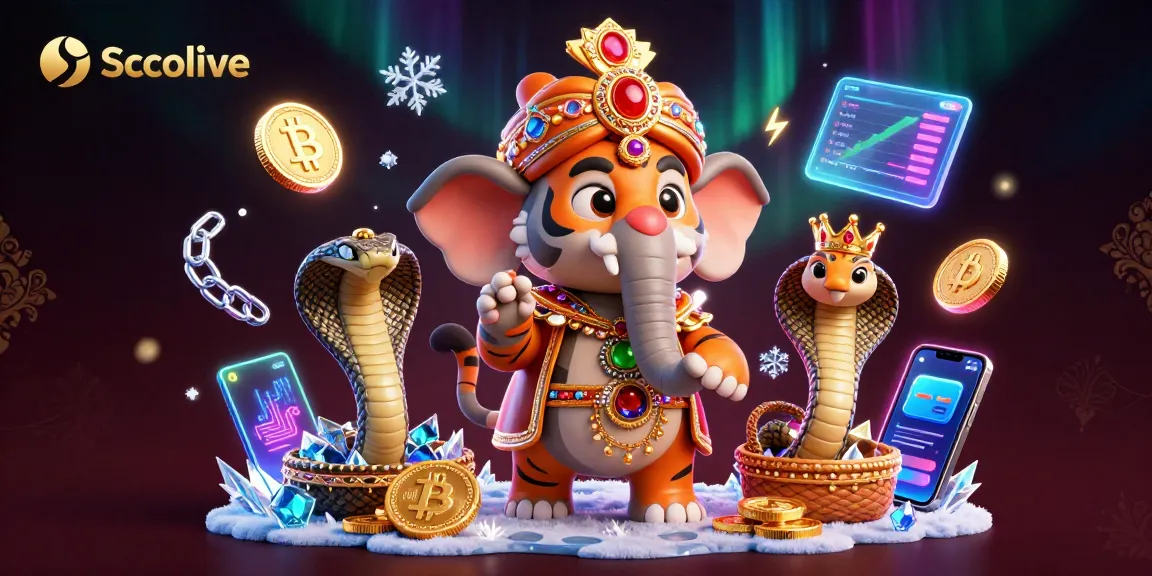 Socolive shows a vibrant 3D scene of a maharaja tiger and elephant, set among dazzling crypto elements.