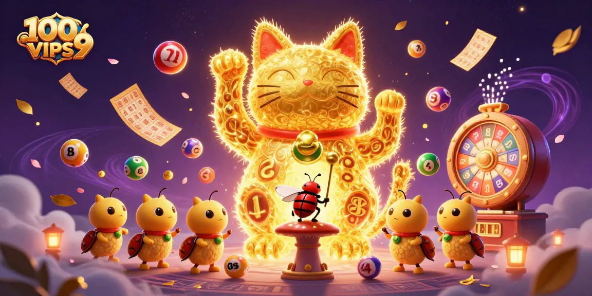 Experience thrills at 100VIPS9 with vibrant gaming scenes filled with fortune symbols and exciting lottery elements.