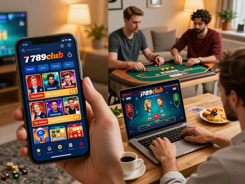 Players enjoying the 789club online platform on laptop and smartphone, embracing the thrill of digital gambling.