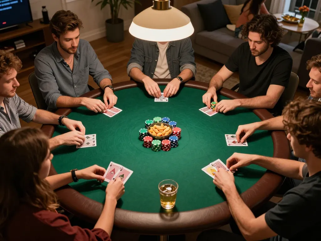 Players engaged in an intense poker game during home night, showcasing fc88 betting strategies and camaraderie.