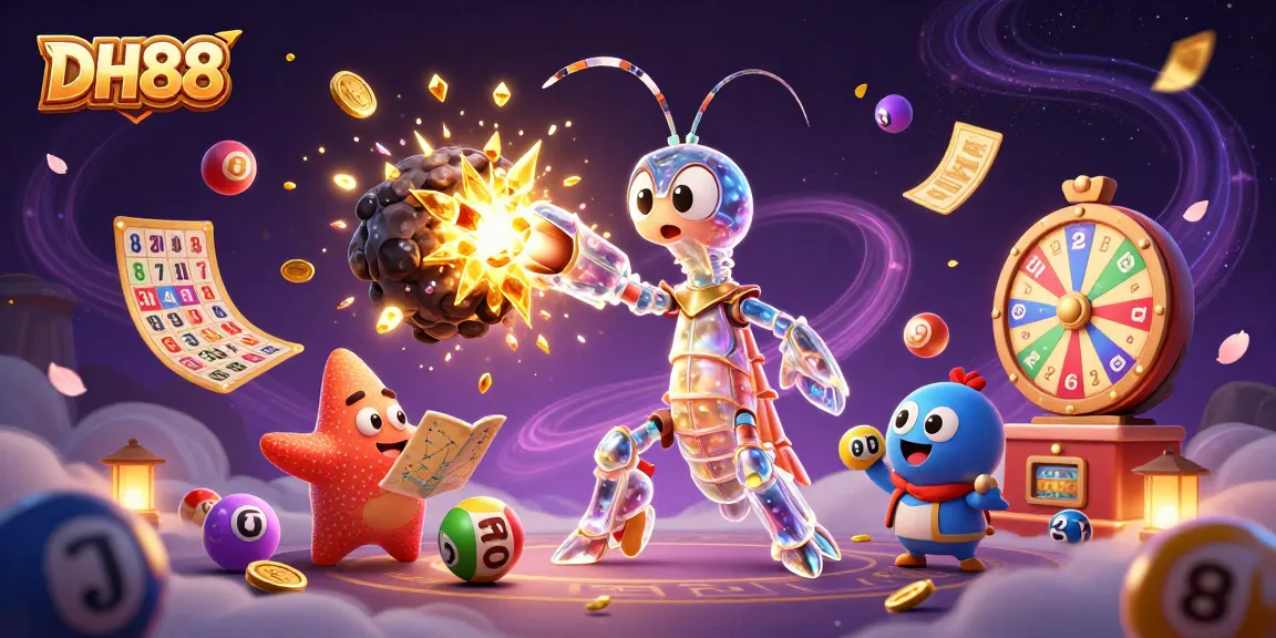 Play with DH88 in an explosive casino scene featuring vibrant lottery elements and a galactic mantis shrimp hero.