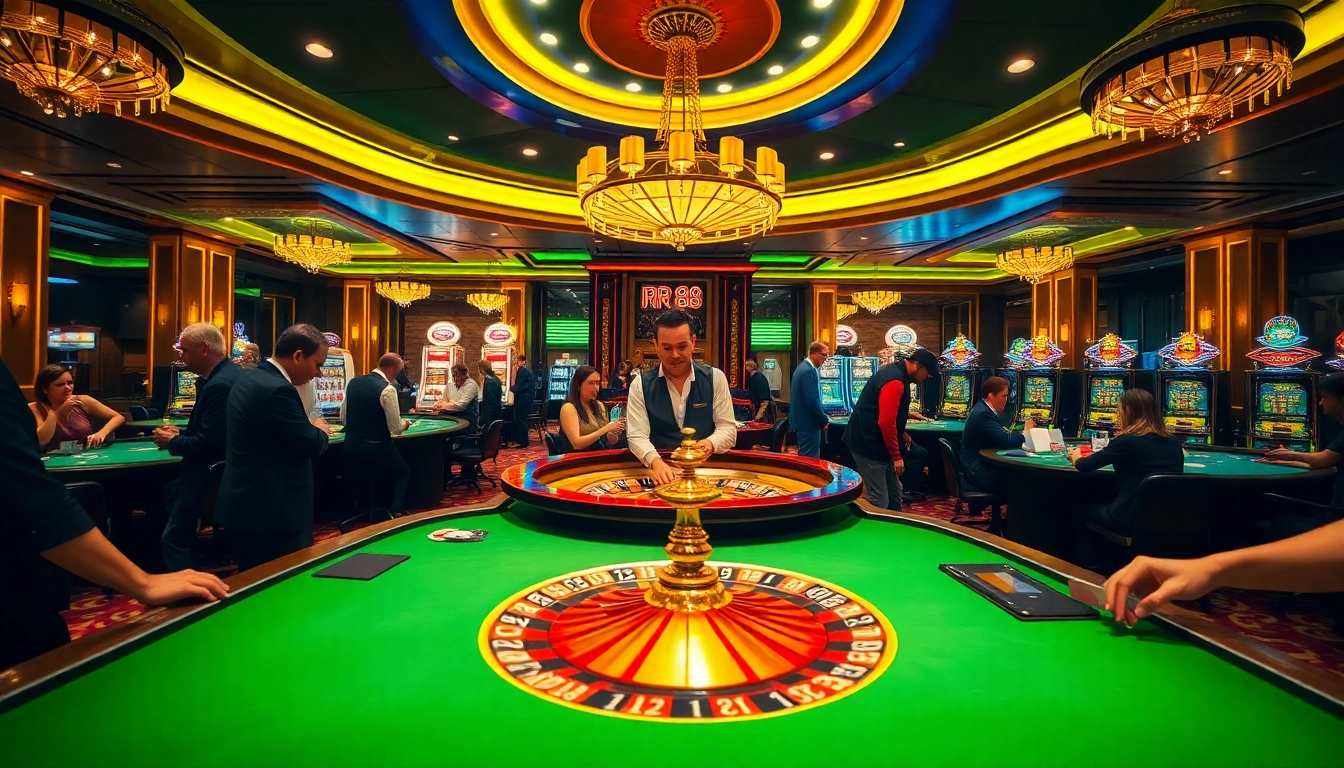 Players enjoying a thrilling game at RR 88 casino, featuring roulette tables and vibrant slot machines.