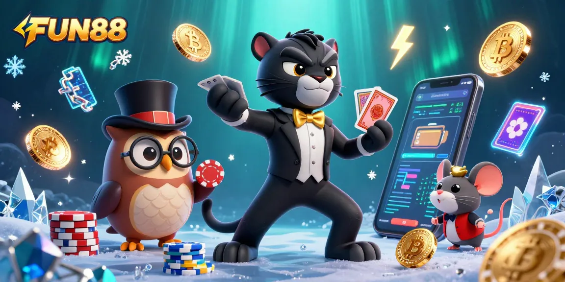 Join FUN88 for thrilling card games with a stylish panther dealer, illuminated by cryptocurrency coins.