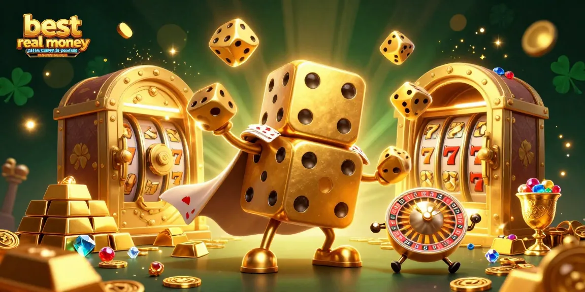 Engage with the best real money online casino in Australia, featuring a playful dice golem and sparkling treasures.
