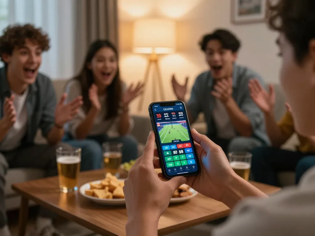Engaging sports betting scene from new88blog with friends excitedly placing bets on their smartphones.