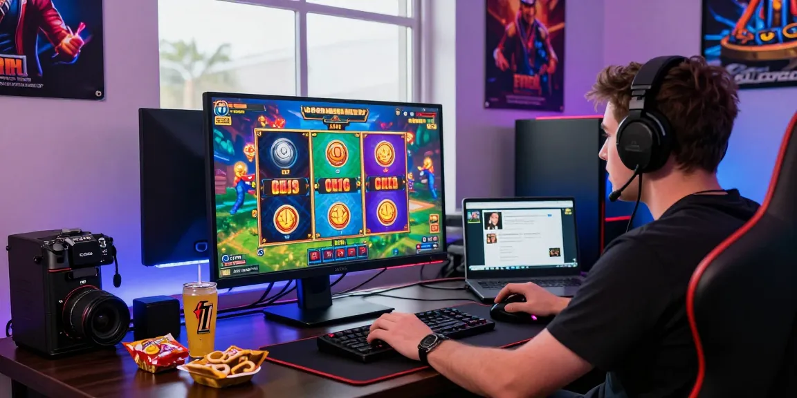 Seorang pemain sedang menikmati permainan slot online dengan penuh semangat, monitor menampilkan grafis berwarna-warni.