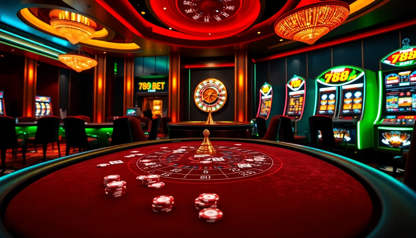 Experience the thrilling atmosphere of 789BET with engaged players at a vibrant blackjack table and roulette wheel.
