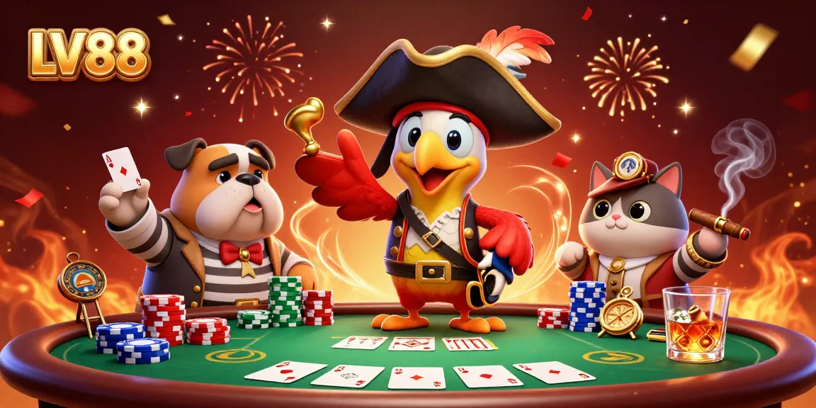 Experience LV88's lively gaming atmosphere with a vibrant poker scene featuring colorful chips and characters.