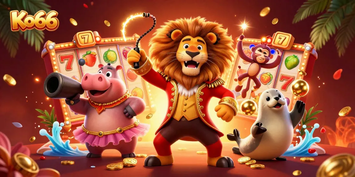 Watch Ko66 come alive as players engage with vibrant slot reels and colorful casino characters.