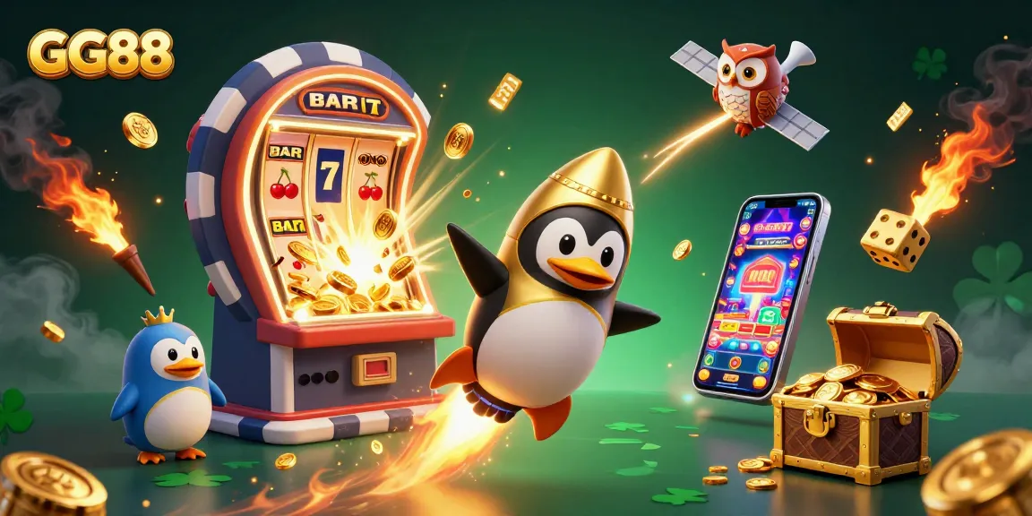 Engage in thrilling experiences at GG88, featuring a dynamic 3D scene with a golden penguin and vibrant casino elements.
