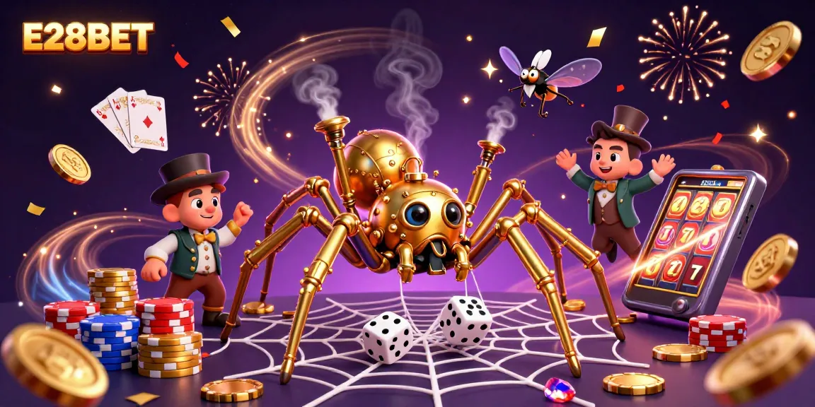 Experience thrilling wins at E28BET with a dynamic casino illustration featuring steampunk elements.