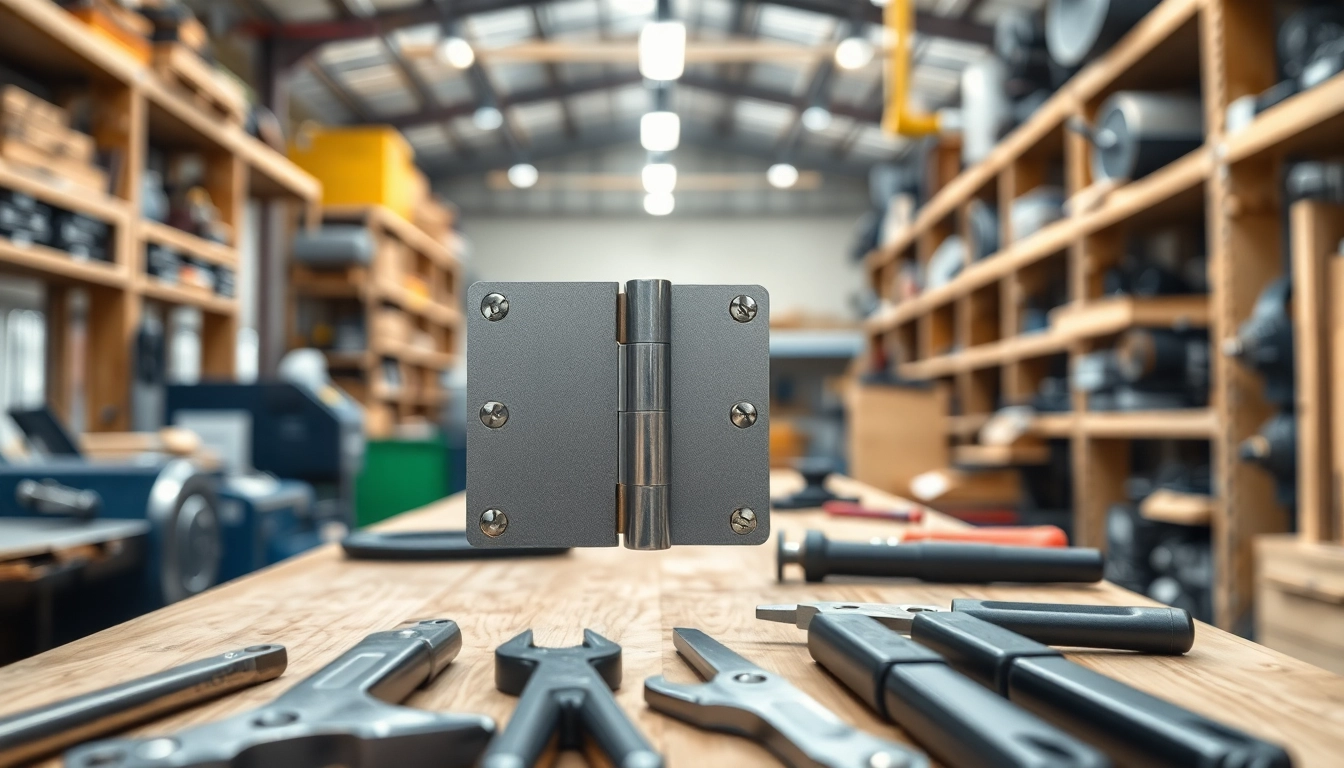 Hinge Supplier showcases a robust hinge on a workbench, highlighting its quality and craftsmanship.