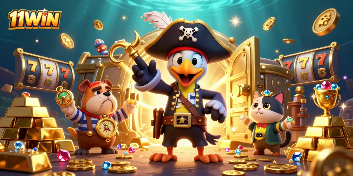 Experience exciting gameplay with 11WIN as pirates explore treasure slots; vibrant and dynamic 3D illustration.