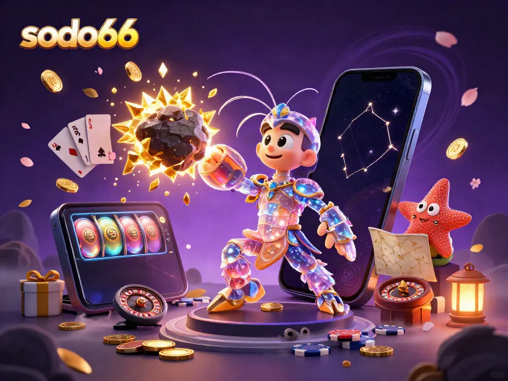 Experience the thrill at sodo66 with golden coins erupting from a colorful slot game and enchanting casino elements.