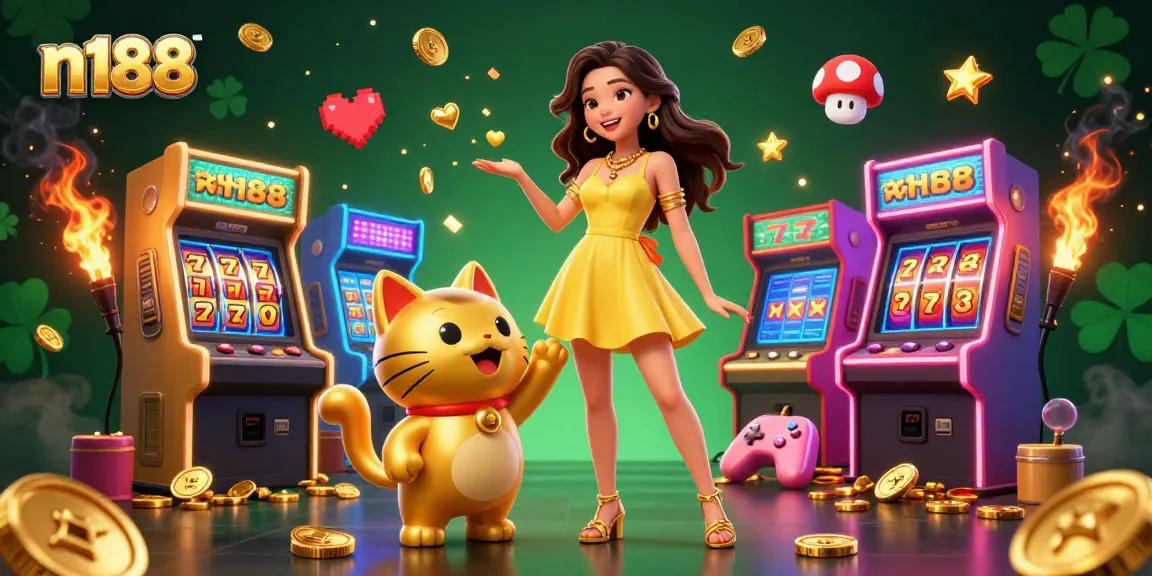 N188 casino scene featuring a cheerful Asian woman with a lucky cat mascot and vibrant game elements, surrounded by golden confetti.