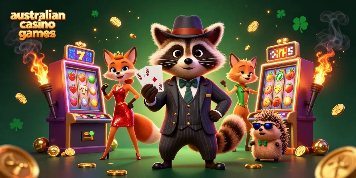 Experience the thrill of australian casino games with a lively raccoon and friends amidst dazzling slot machines.