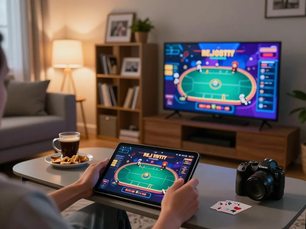 Bet88 player engaged in online poker game on tablet, showcasing a cozy home environment