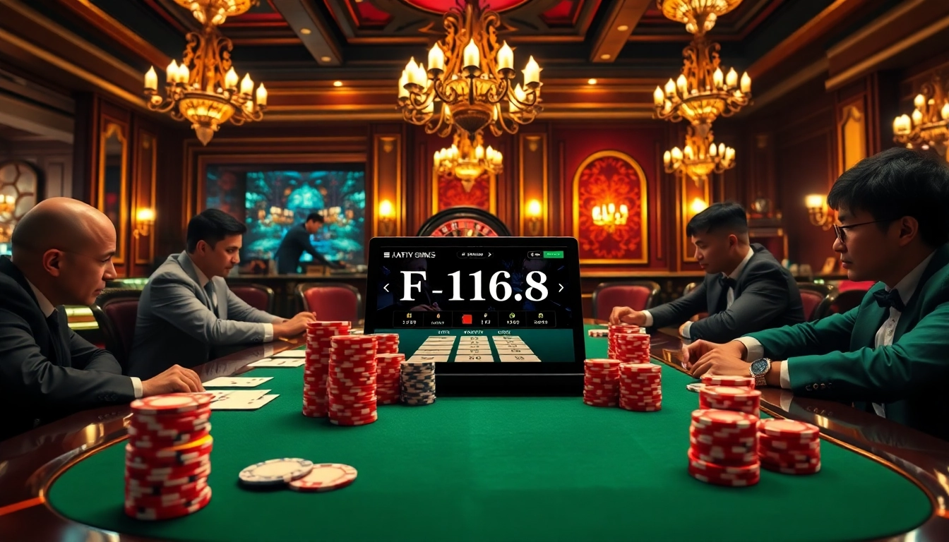 Join an exciting poker game at the elegant casino table, featuring elements from https://f168.tools/ with vibrant chips and cards.