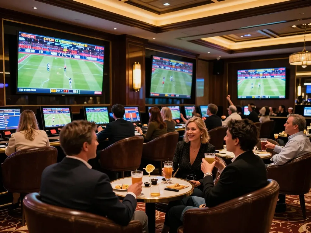 Engaged bettors enjoying live sports on screens at net88.de.com in a luxurious lounge environment.