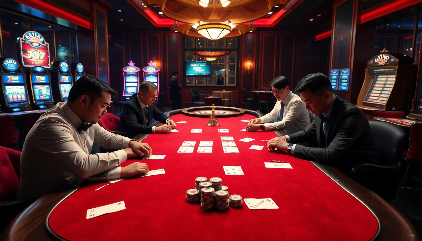 Experience the thrill of 7m cn with an exciting casino scene showcasing poker excitement and slot machines.