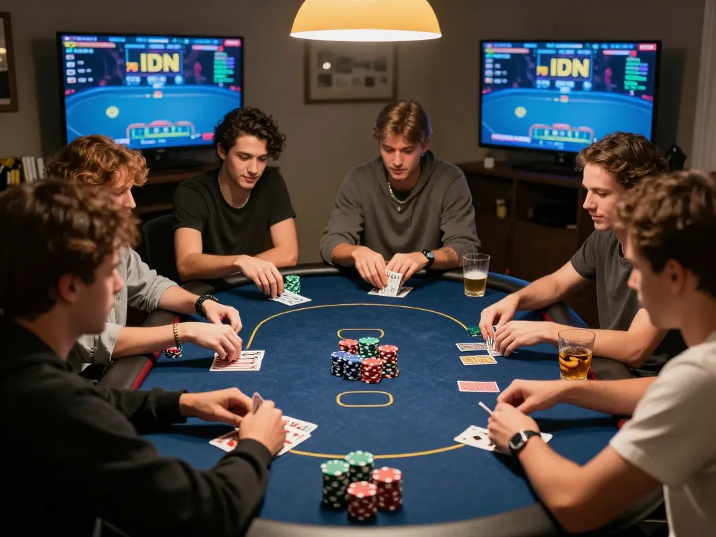 Engaged players enjoying idn poker dominobet at home poker night, showcasing chips and cards