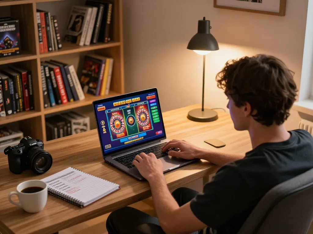 Player enjoying an online casino game at home with 99Win laptop display and gaming strategies visible