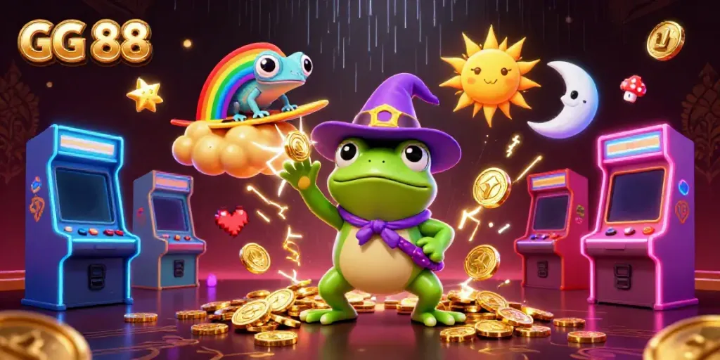 Engage with GG 88 as a weather wizard frog conjures golden coins in an electrifying casino scene.