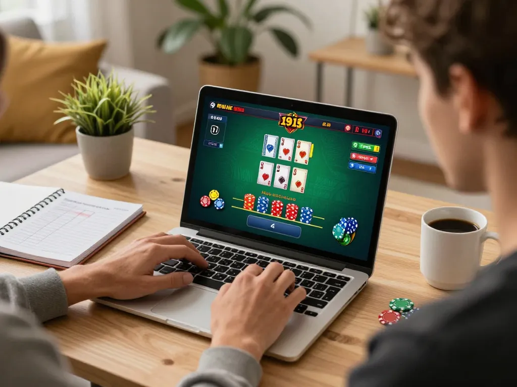 A person plays blackjack on their laptop for sc88k in a cozy home gaming setup, with strategic notes nearby.
