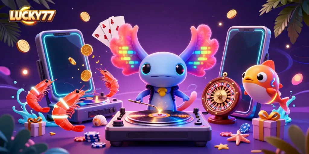 Engage with LUCKY77's vibrant casino world through a captivating 3D illustration featuring lively characters and game elements.