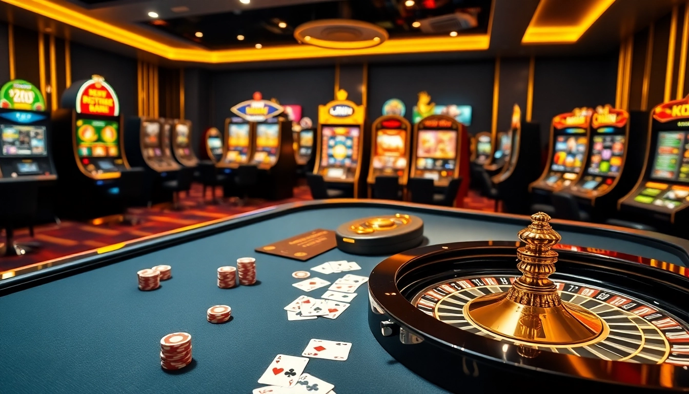 Experience high-stakes gaming at 98win with vibrant poker tables and slot machines.