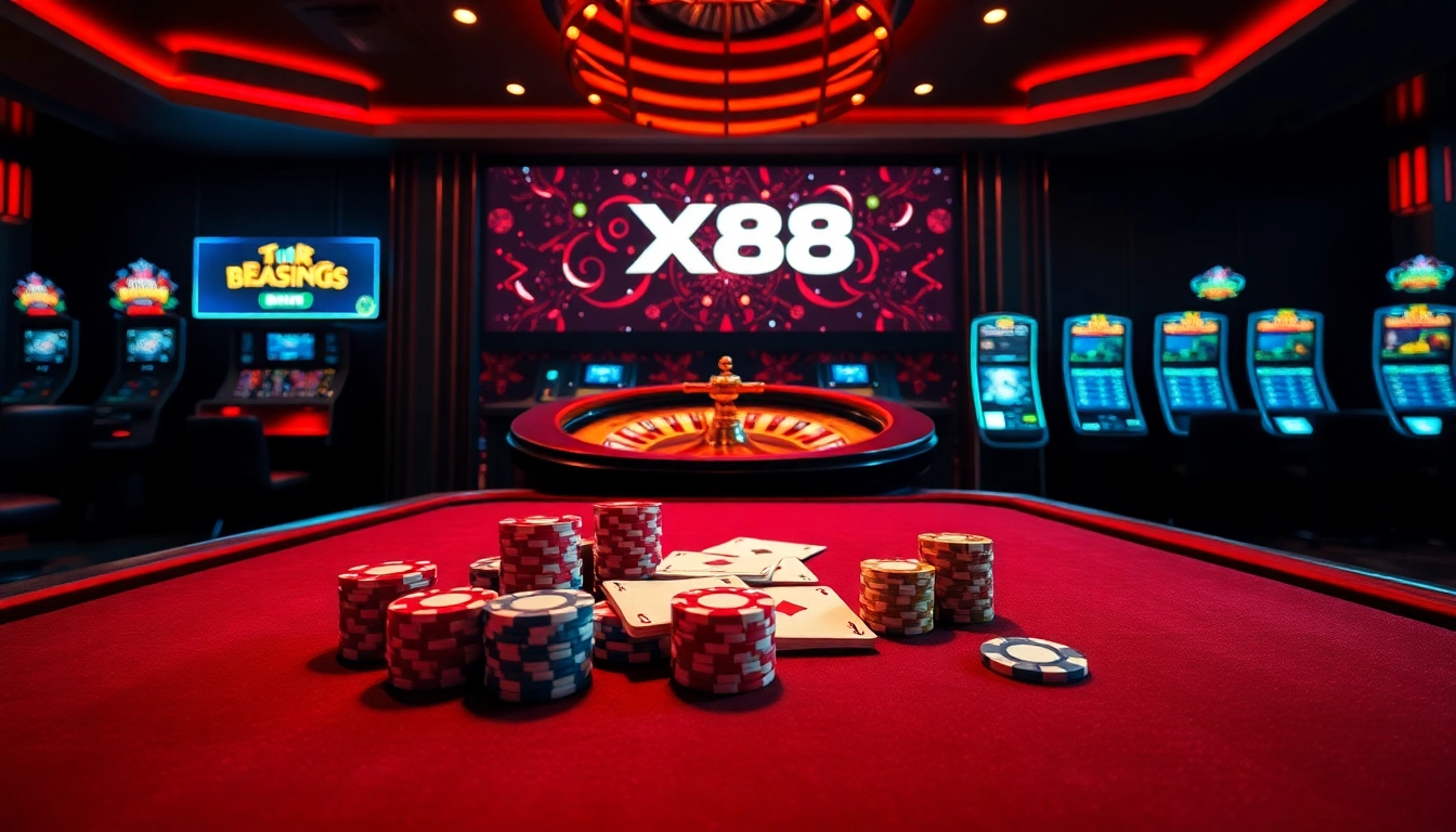 Experience thrilling gaming action at Xin88 with vibrant poker chips and sleek slot machines.